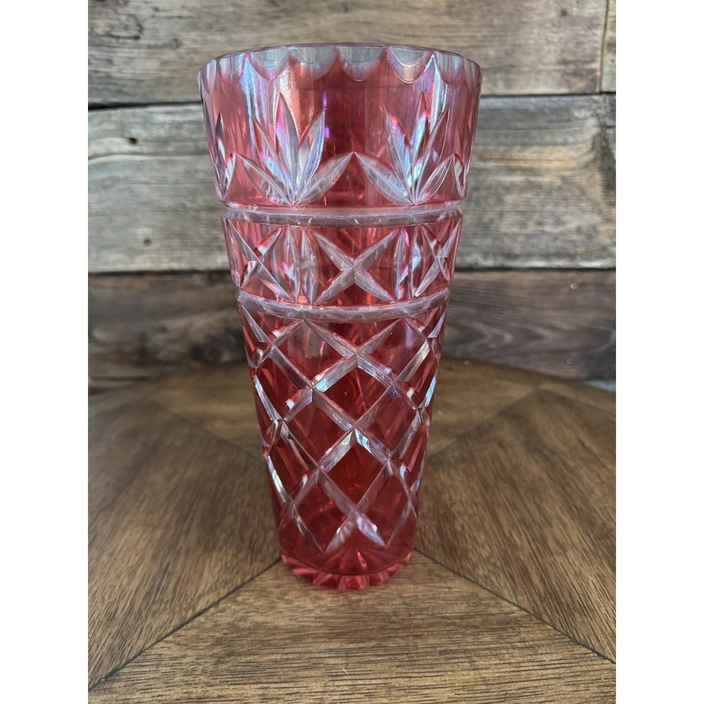 Vintage Bohemian Cranberry‎ Cased Cut to Clear Crystal Vase {310}
